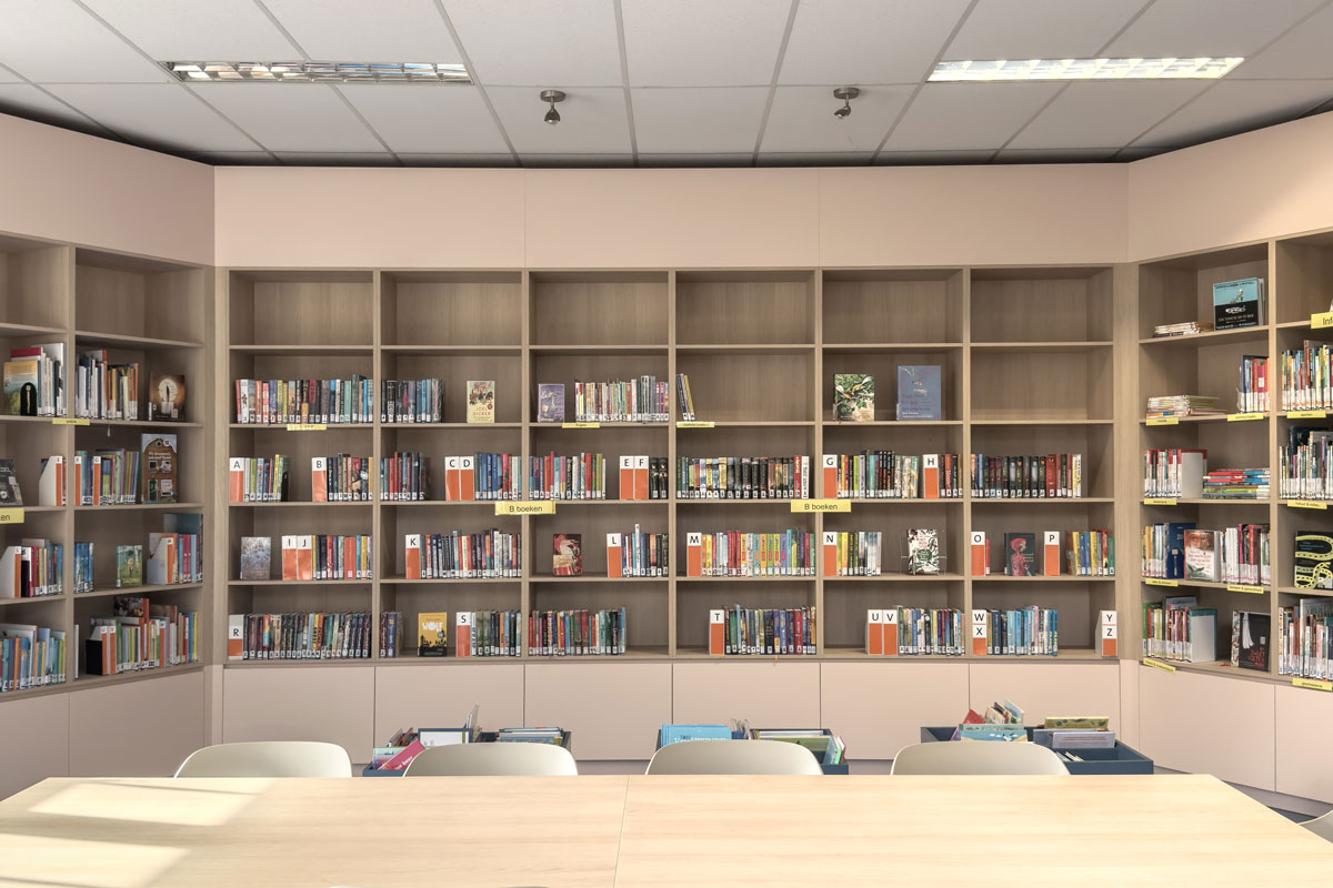 Boekenkast op maat in roze kleur met houtprint.