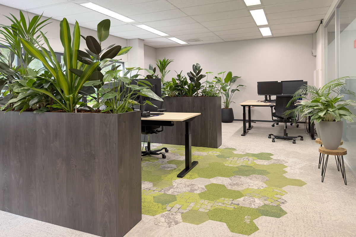 Ontwerp kantoorruimte voor HOD in Utrecht. Circulair kantoormeubilair en circulair tapijt. Duurzame kantoorinrichting. 
