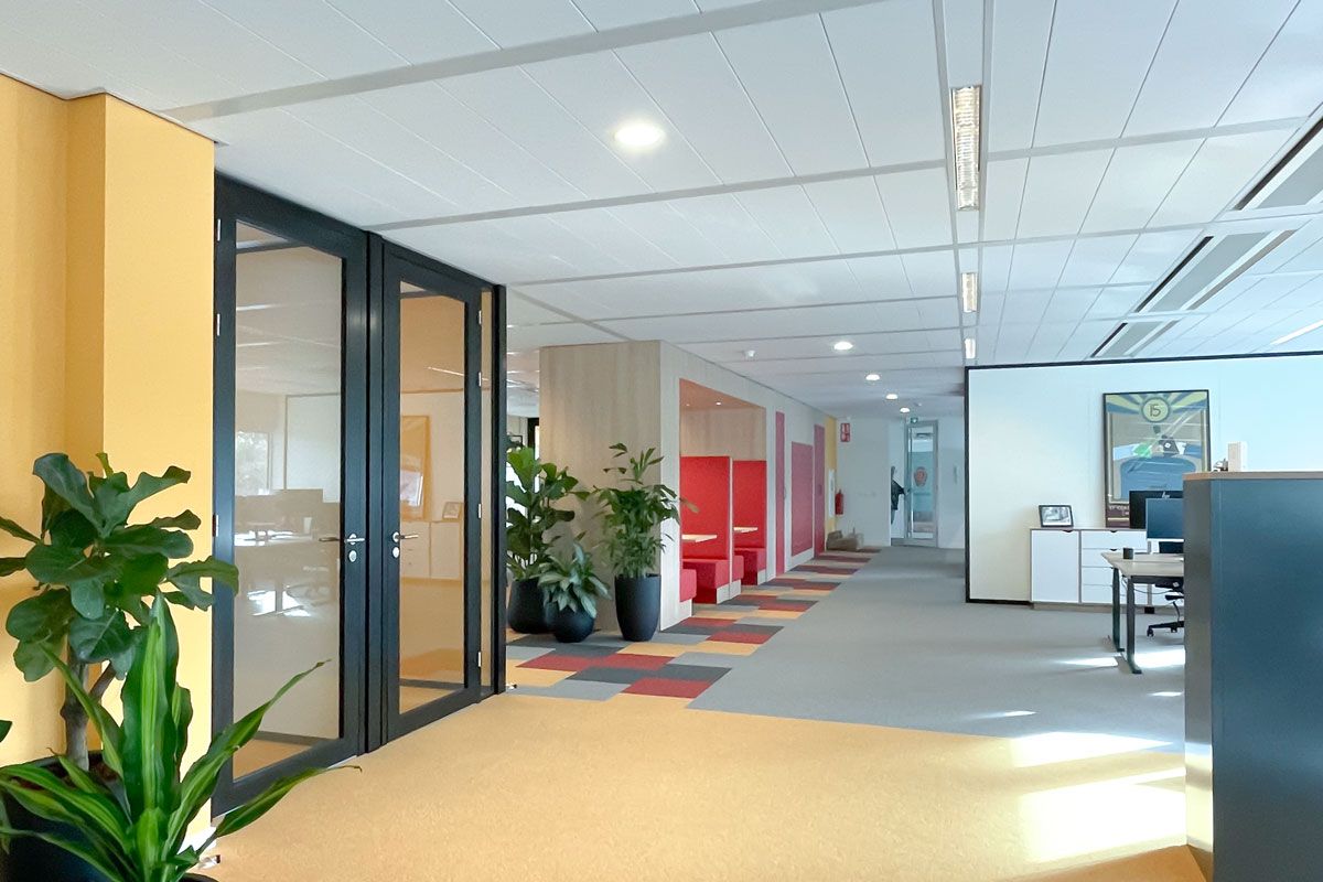 Open kantoorruimte met glazen deuren, kleurrijk tapijt, planten en ingebouwde rode zitplekken langs de muur.