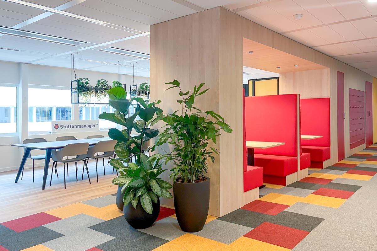 Moderne kantoorruimte met kleurrijk tapijt, rode treinbanken, houten afscheiding en groene planten, naast een vergadertafel met hangende plantenlampen.