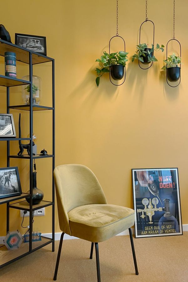 Detail van een gele kantoorwand met hangplanten, een metalen rek gevuld met decoratie en een geel beklede stoel.