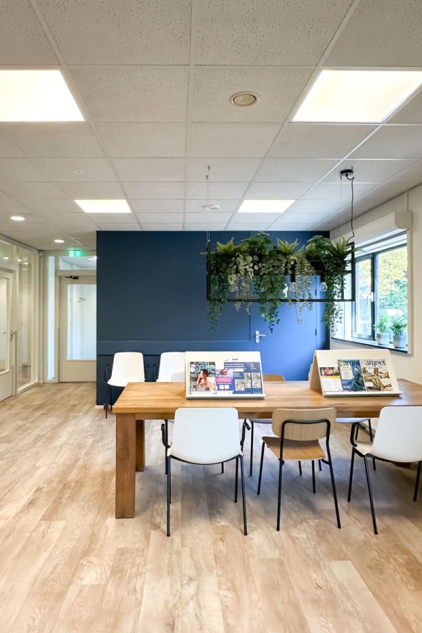 Wachtkamer met houten leestafel, tijdschriften en hangende planten. Modern en licht interieur met houten look PVC vloer.
